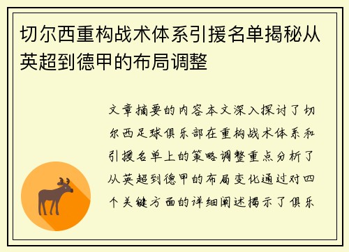 切尔西重构战术体系引援名单揭秘从英超到德甲的布局调整