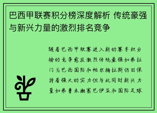 巴西甲联赛积分榜深度解析 传统豪强与新兴力量的激烈排名竞争