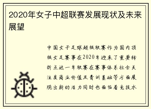 2020年女子中超联赛发展现状及未来展望